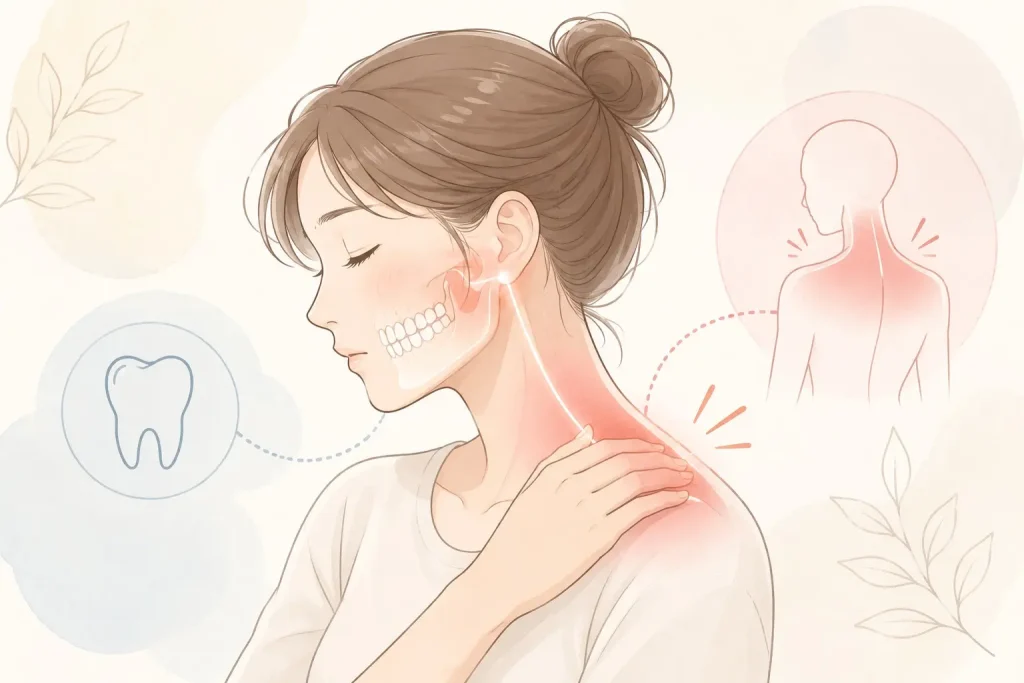 首や肩の痛みと歯・噛み合わせの関係をイメージした女性のイラスト