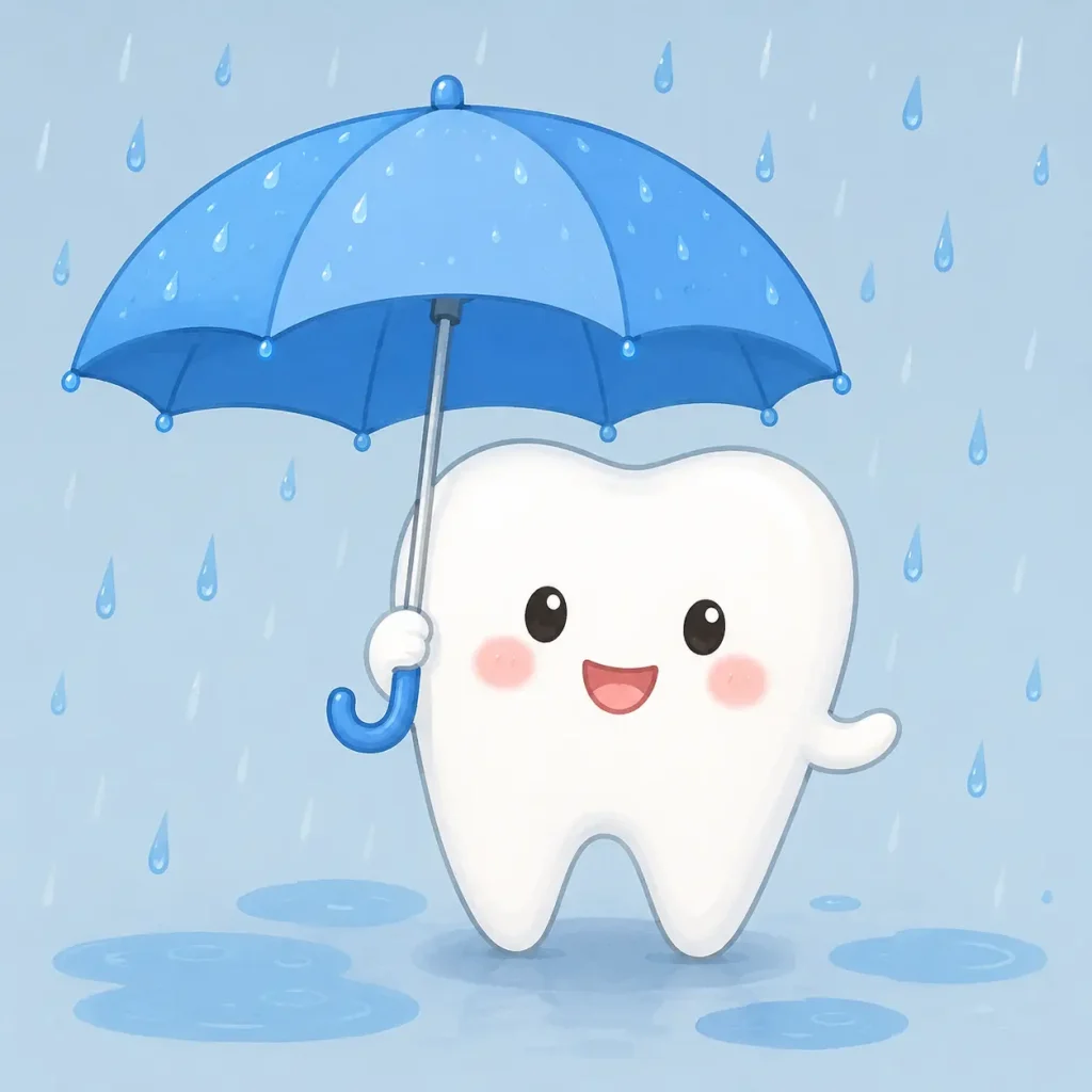 雨の日に歯が傘を差しているイラスト