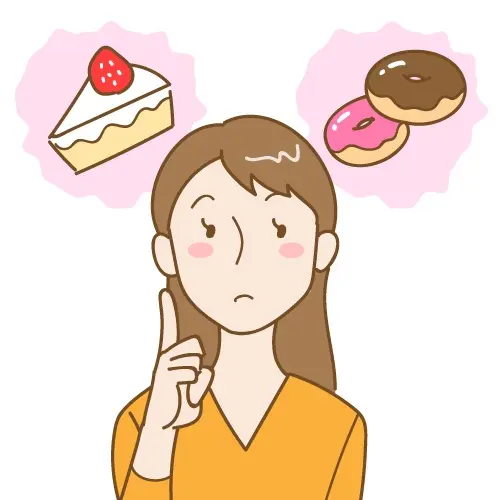 甘いものについて考える女性のイラスト