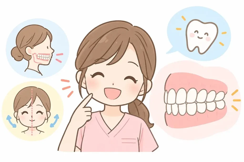 笑顔の女性と歯並びや上下の歯の噛み合わせ、顔のバランスを表したイラスト