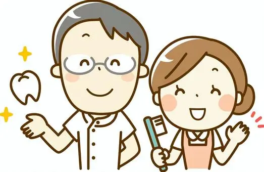 歯科医師と歯科衛生士が笑顔で歯と歯ブラシを持っているイラスト