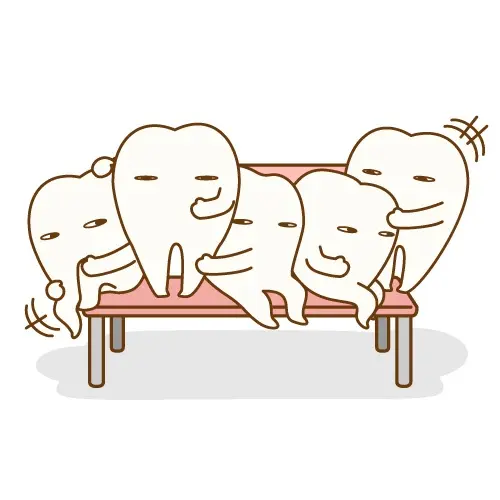 狭いベンチに無理矢理座ろうとする歯のキャラクター画像