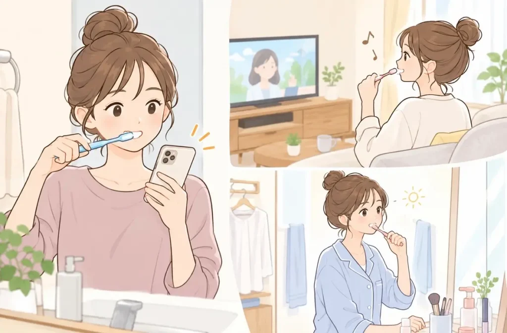 スマートフォンやテレビなどを見ながら、朝の準備をしながら歯を磨く女性のイラスト