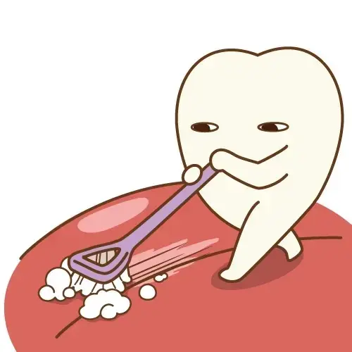 歯のキャラクターが舌の上を掃除しているイラスト