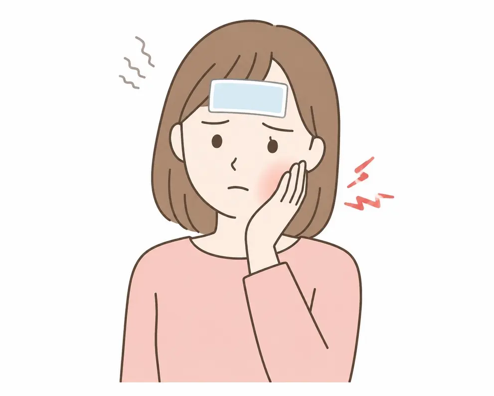 発熱し、歯の痛みに悩む女性のイラスト
