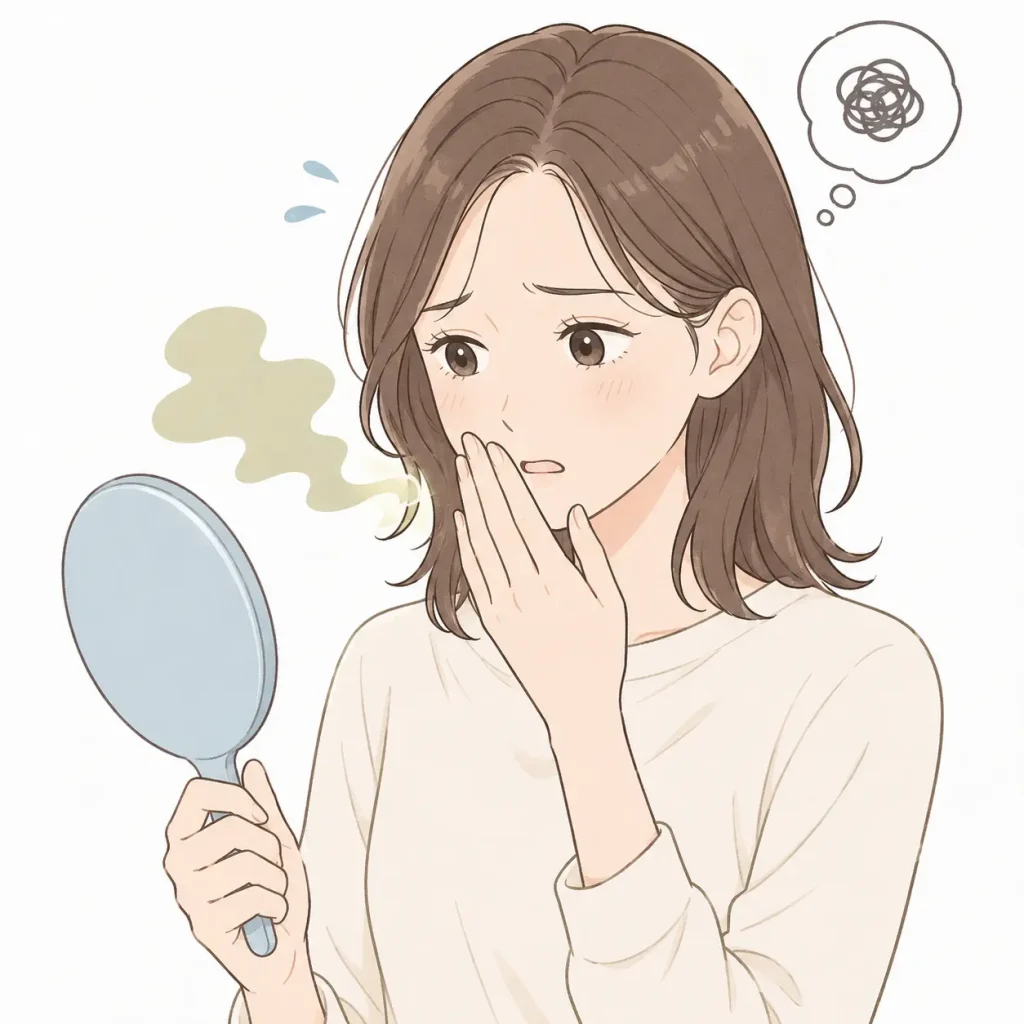 口臭に悩んでいる女性のイラスト