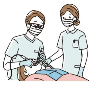 患者様の治療を行う歯科医師とスタッフのイラスト