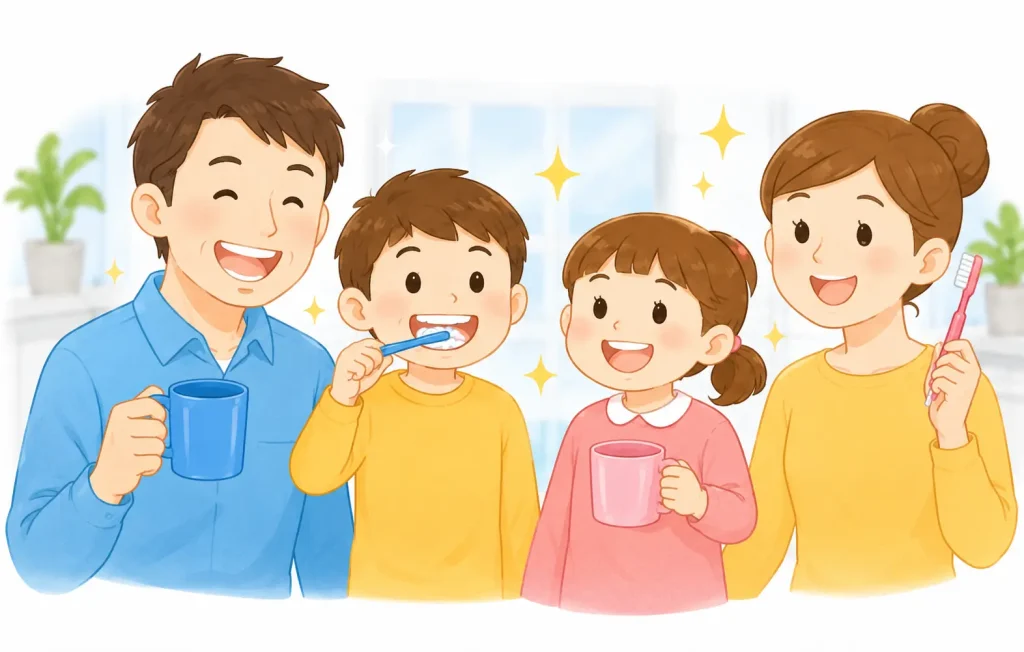 歯磨きをしている家族のイラスト