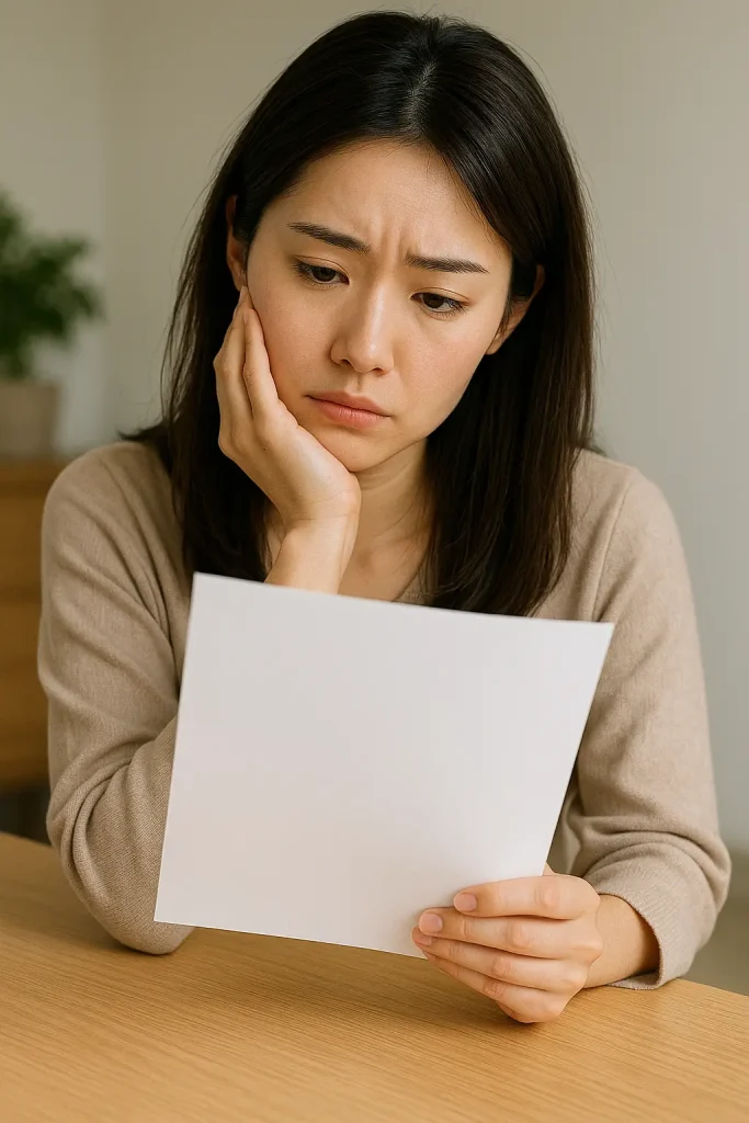 治療方法の提案書を見て悩んでいる女性のイメージ画像