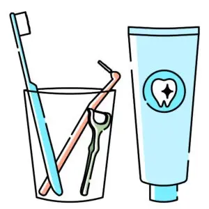 歯ブラシと歯間ブラシ、歯磨き粉のイラスト