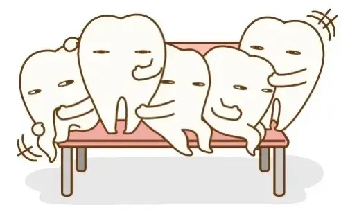 狭いベンチに無理矢理座ろうとする歯のキャラクター画像