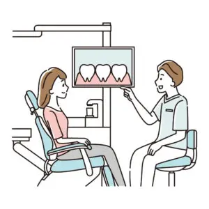 歯科医師がモニターを見せながら患者さまへ治療内容を説明しているイラスト