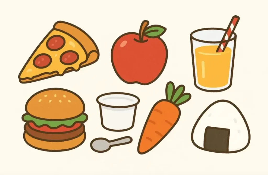 ピザ・りんご・ハンバーガー・ヨーグルト・ニンジン・オレンジジュース・おにぎりの画像