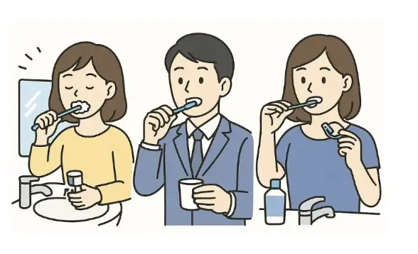 朝・昼・夜の歯を磨いている男女の画像