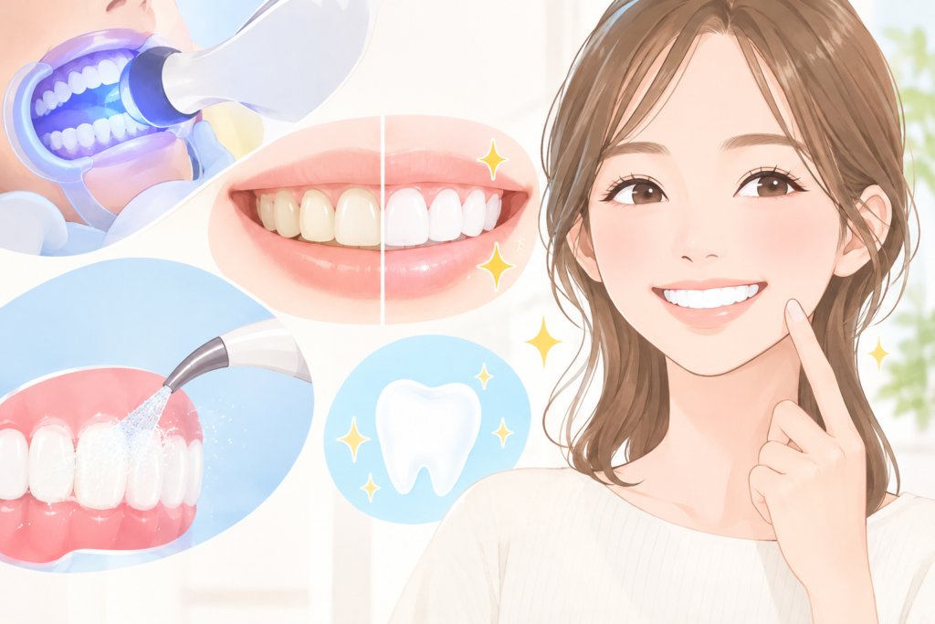 ホワイトニングで歯が白くなる様子と、エアフローで歯の着色汚れを除去する様子を表したイラスト